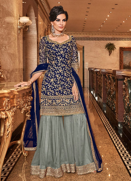 Blue and Grey Embroidered Gharara Suit - Asian Party Wear