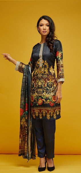 Blue Printed Silk Readymade Salwar Kameez - Asian Party Wear