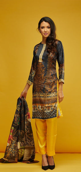 Dark Grey & Yellow Printed Silk Readymade Suit - Asian Party Wear