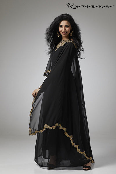 BLACK CAPE STYLE FLARED READY MADE DRESS - Asian Party Wear