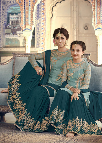 Teal Indian Party Wear Mother and Daughter Matching Dress (4 weeks delivery) - Asian Party Wear