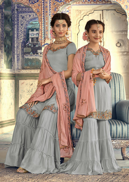 Cloudy Grey Indian Wedding Wear Mother Daughter Matching Gharara Style Dress (4 weeks delivery) - Asian Party Wear