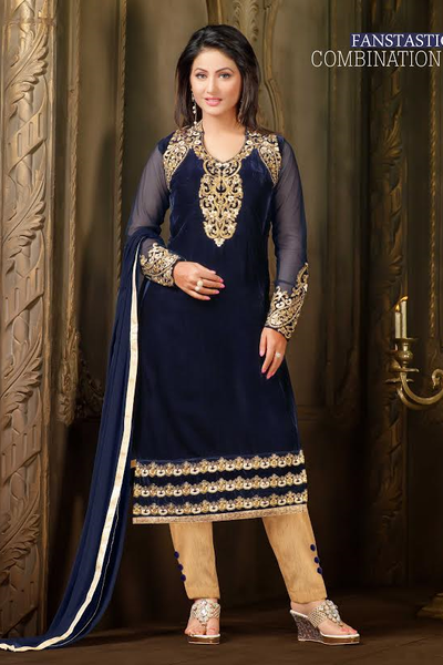 71007 Navy Blue Straight Velvet Salwar Kameez Suit - Asian Party Wear