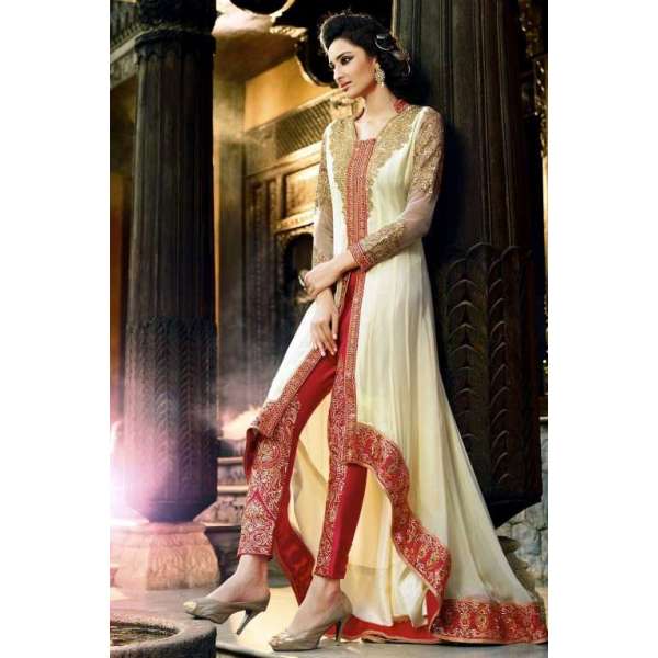 ROYAL CORAL RED CREAM READYMADE DESIGNER ANARKALI SUIT XL SIZE - Asian Party Wear