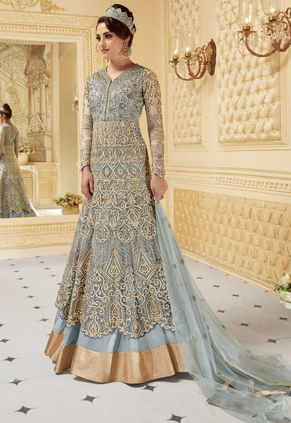 STUNNING FADED DENIM INDIAN & PAKISTANI DESIGNER PARTY AND WEDDING WEAR FANCY ANARKALI GOWN - Asian Party Wear