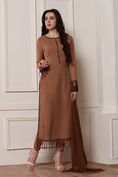 BROWN EMBROIDERED CUT WORK BORDERS READY MADE SALWAR SUIT - Asian Party Wear