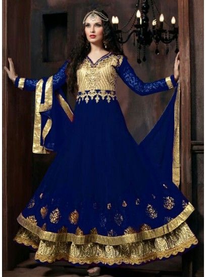 4301-C BLUE "CELEBRITY ISSUE” FLOOR LENGTH EMBROIDERED ANARKALI SUIT - Asian Party Wear