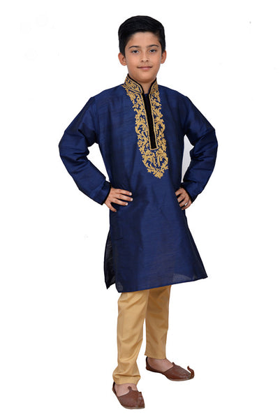 Navy Blue Embroidered Kurta Pajama Readymade Boys Suit - Asian Party Wear