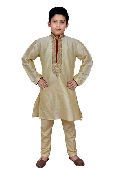 GOLD BEIGE EMBROIDERED KURTA AND PYJAMA BOYS WEAR READY MADE SUIT - Asian Party Wear