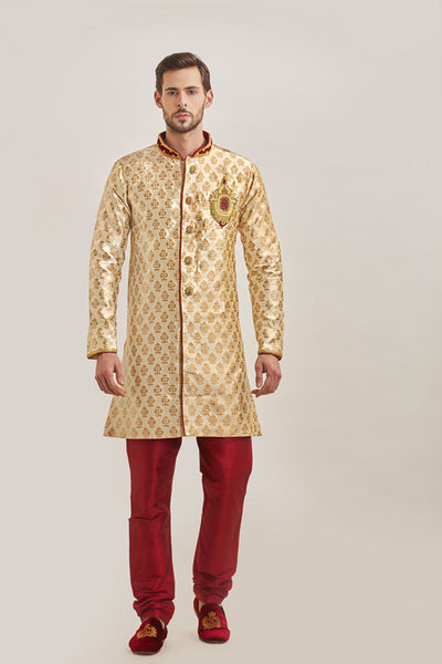 Gold Short Sherwani and Pajama Indian Menswear Wedding Outfit - Asian Party Wear