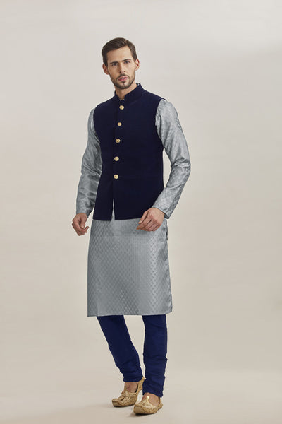 Grey and Navy Blue Waistcoat Grey Kurta Pajama Menswear Suit - Asian Party Wear