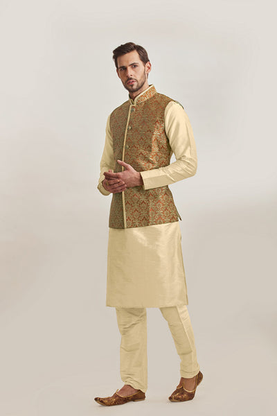 Gold Rust Indian Mens Wedding Waistcoat Pajama Suit - Asian Party Wear