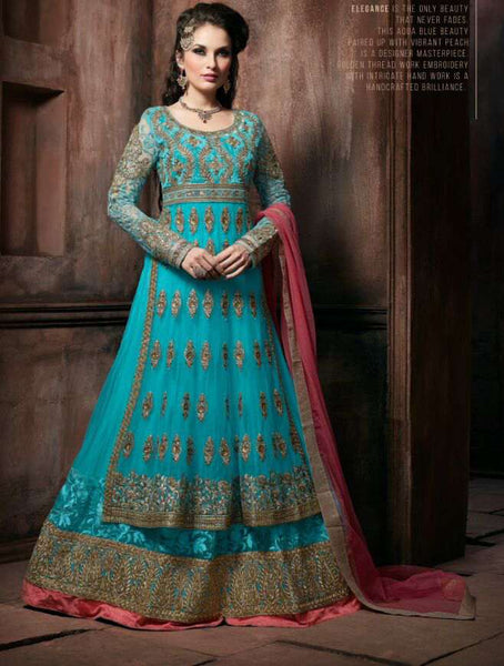 4302 SKY BLUE "CELEBRITY ISSUE” FLOOR LENGTH EMBROIDERED ANARKALI SUIT - Asian Party Wear