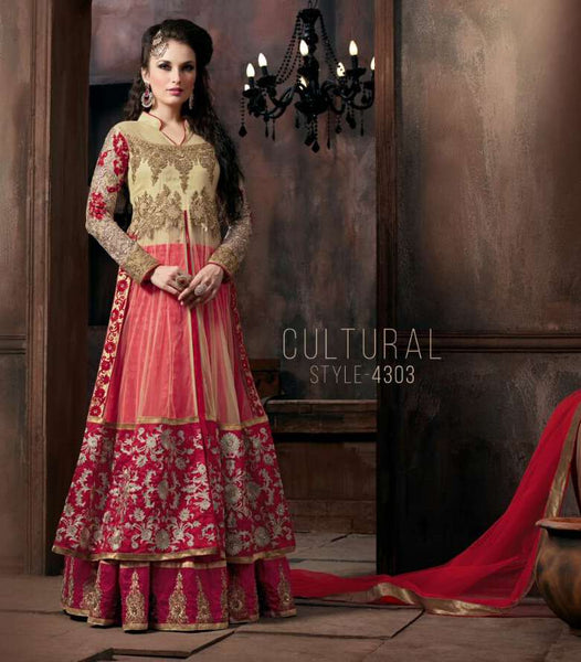 4303 CREAM AND PINK "CELEBRITY ISSUE” FLOOR LENGTH EMBROIDERED ANARKALI SUIT - Asian Party Wear