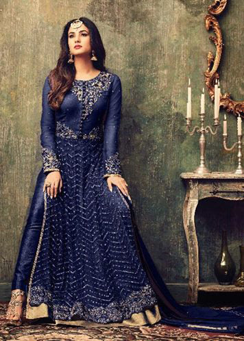 AC4707-B BLUE INDIAN HEAVY EMBROIDERED PARTY WEAR DRESS - Asian Party Wear
