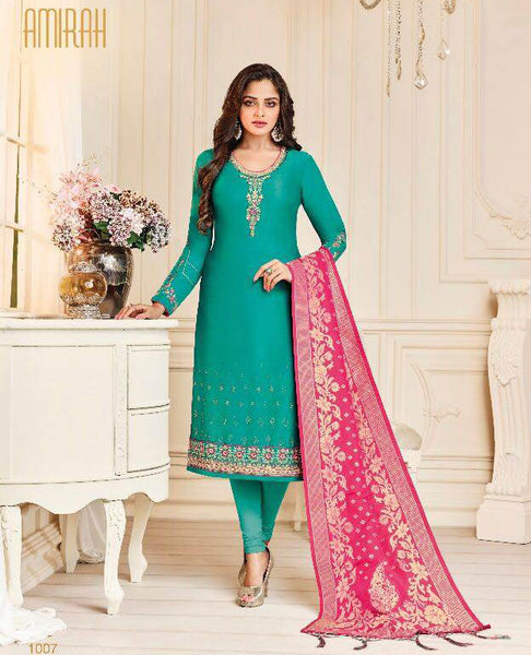 Turquoise Straight Indian Party Wear Churidar Suit - Asian Party Wear