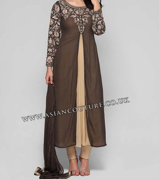BROWN AND BEIGE A LINE SLIT JACKET STYLE CHURIDAAR SUIT - Asian Party Wear