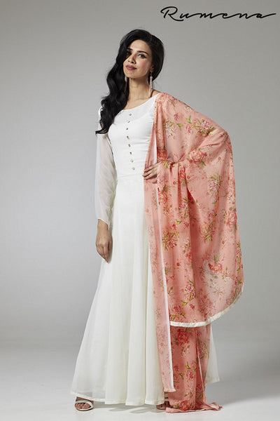 STUNNING OFF WHITE FLARED GEORGETTE READY TO WEAR DRESS - Asian Party Wear