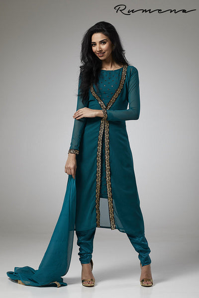 TEAL GREEN JACKET STYLE GEORGETTE READY MADE SUIT - Asian Party Wear
