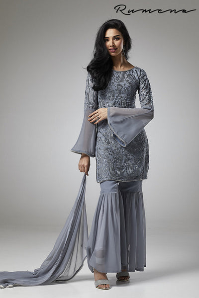 GREY GEORGETTE GHARARA PANTS STYLISH READY MADE SUIT - Asian Party Wear