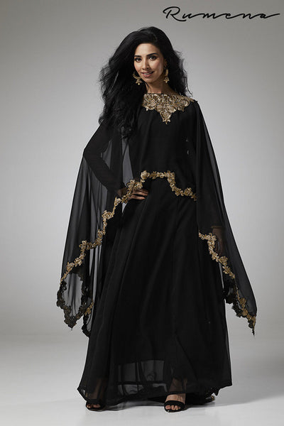 BLACK CAPE STYLE FLARED READY MADE DRESS - Asian Party Wear
