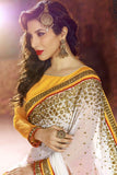 YELLOW AND WHITE DESI INDIAN DESIGNER SAREE - Asian Party Wear