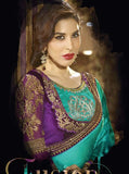 TURQUOISE AND PURPLE DESIGNER PARTY WEAR ETHNIC SAREE - Asian Party Wear
