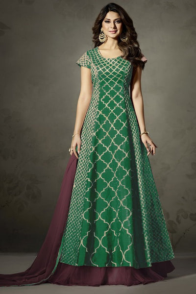GREEN AND WINE INDIAN EMBELLISHED ANARKALI DRESS - Asian Party Wear