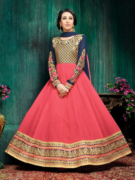 Blue & Pink Net & Georgette Anarkali Indian Designer Suit - Asian Party Wear