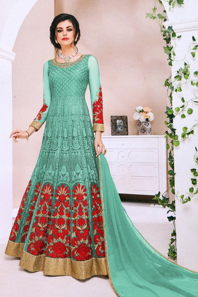 Turquoise Red Net Heavy Embroidered Floral Semi Stitched Anarkali Gown - Asian Party Wear
