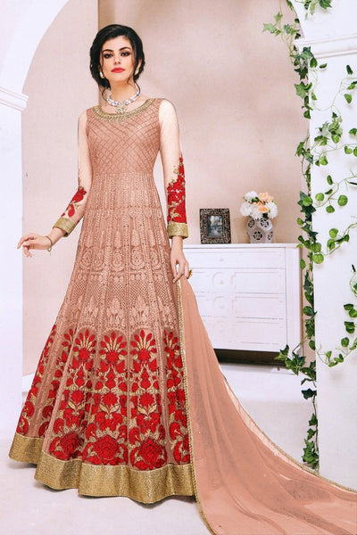 Peach Red Net Heavy Embroidered Floral Anarkali Gown - Asian Party Wear