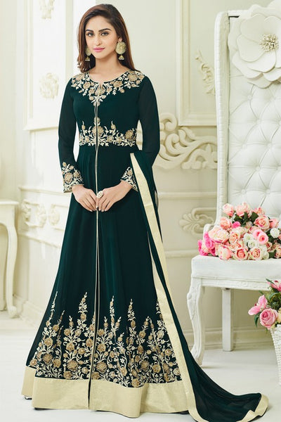 PEACOCK GREEN  JACKET STYLE ANARKALI GOWN - Asian Party Wear