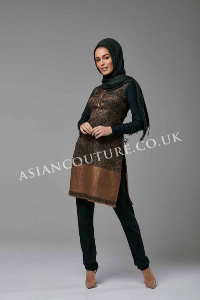 BLACK NICELY EMBROIDERED WINTER WEAR READY MADE OUTFIT - Asian Party Wear