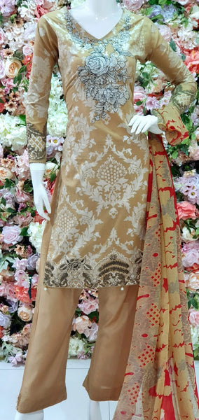 MARIA B BEIGE PRINTED SUMMER PAKISTANI LAWN SUIT - Asian Party Wear