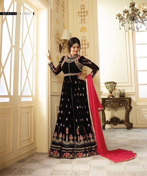 ZGS9012 BLACK GLOSSY SIMAR HEAVY EMBROIDERED AYESHA TAKAI ANARKALI STYLE GOWN - Asian Party Wear