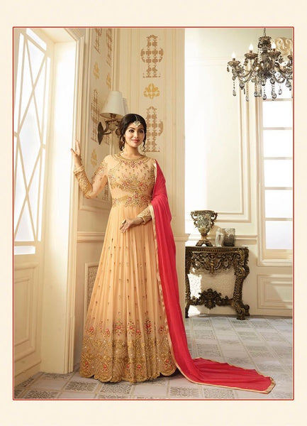 9013 PEACH GLOSSY SIMAR HEAVY EMBROIDERED AYESHA TAKAI ANARKALI STYLE GOWN - Asian Party Wear