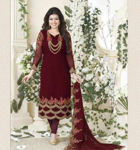 MAROON PARTY WEAR GEORGETTE SEMI STITCHED SUIT - Asian Party Wear