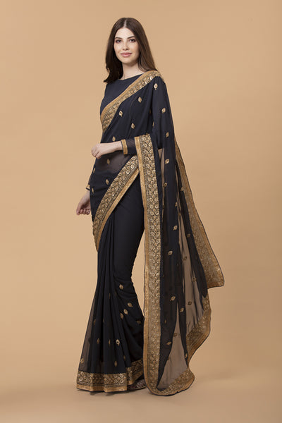 ZACS-715 BLACK GEORGETTE INDIAN READY MADE SAREE - Asian Party Wear