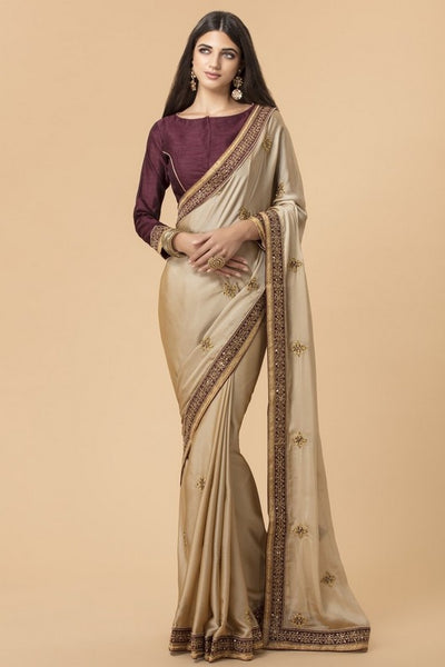 ZACS-714 BEIGE AND PLUM TRADITIONAL INDIAN STYLE SAREE - Asian Party Wear