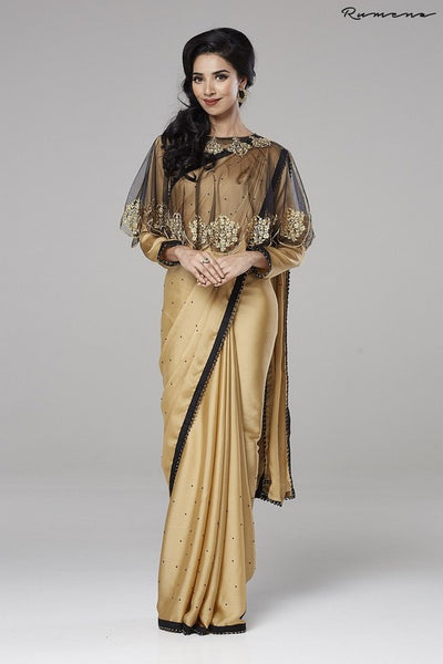 ZACS-728 BEIGE INDIAN WEDDING WEAR READY MADE CAPE STYLE SAREE - Asian Party Wear