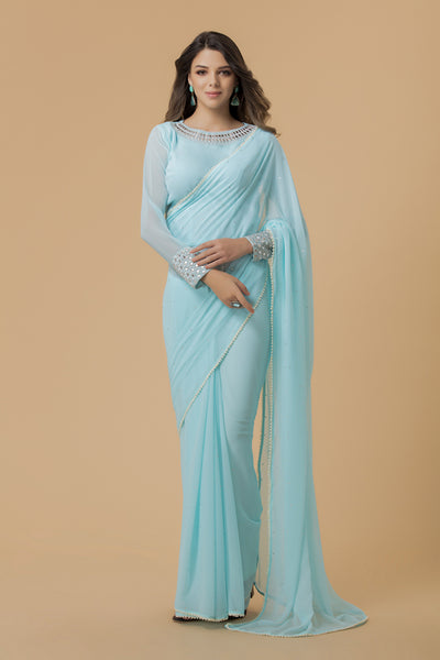 ZACS-701 SKY BLUE GEORGETTE NEW INDIAN OCCASIONAL WEAR SAREE - Asian Party Wear