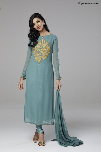AQUA GREEN READY MADE CHURIDAR SUIT - Asian Party Wear