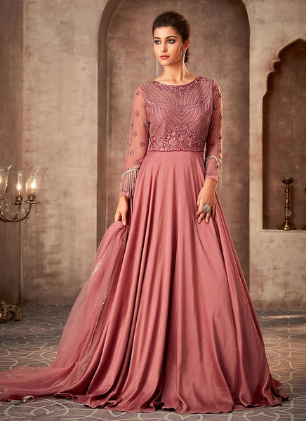Rose Pink Indian Pakistani Style Wedding Maxi Gown - Asian Party Wear