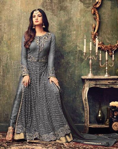 ZAC4707-D GREY INDIAN HEAVY EMBROIDERED WEDDING WEAR DRESS (3 weeks delivery) - Asian Party Wear