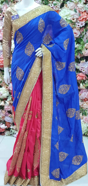 CLASSIC BLUE AND PINK EMBROIDERED INDIAN SAREE - Asian Party Wear
