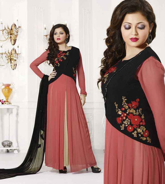Coral Red Front Slit Jacket Style Anarkali Dress - Asian Party Wear