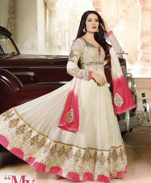 WHITE AND PINK  DESIGNER ANARKALI SUIT - Asian Party Wear