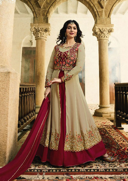 BEIGE AND RED INDIAN PARTY AND WEDDING ANARKALI GOWN - Asian Party Wear