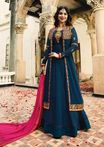 ZAL9045 TEAL INDIAN PARTY AND WEDDING ANARKALI GOWN - Asian Party Wear