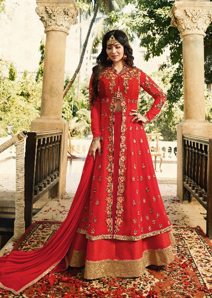 ZAL9046 RED INDIAN PARTY AND WEDDING ANARKALI GOWN - Asian Party Wear
